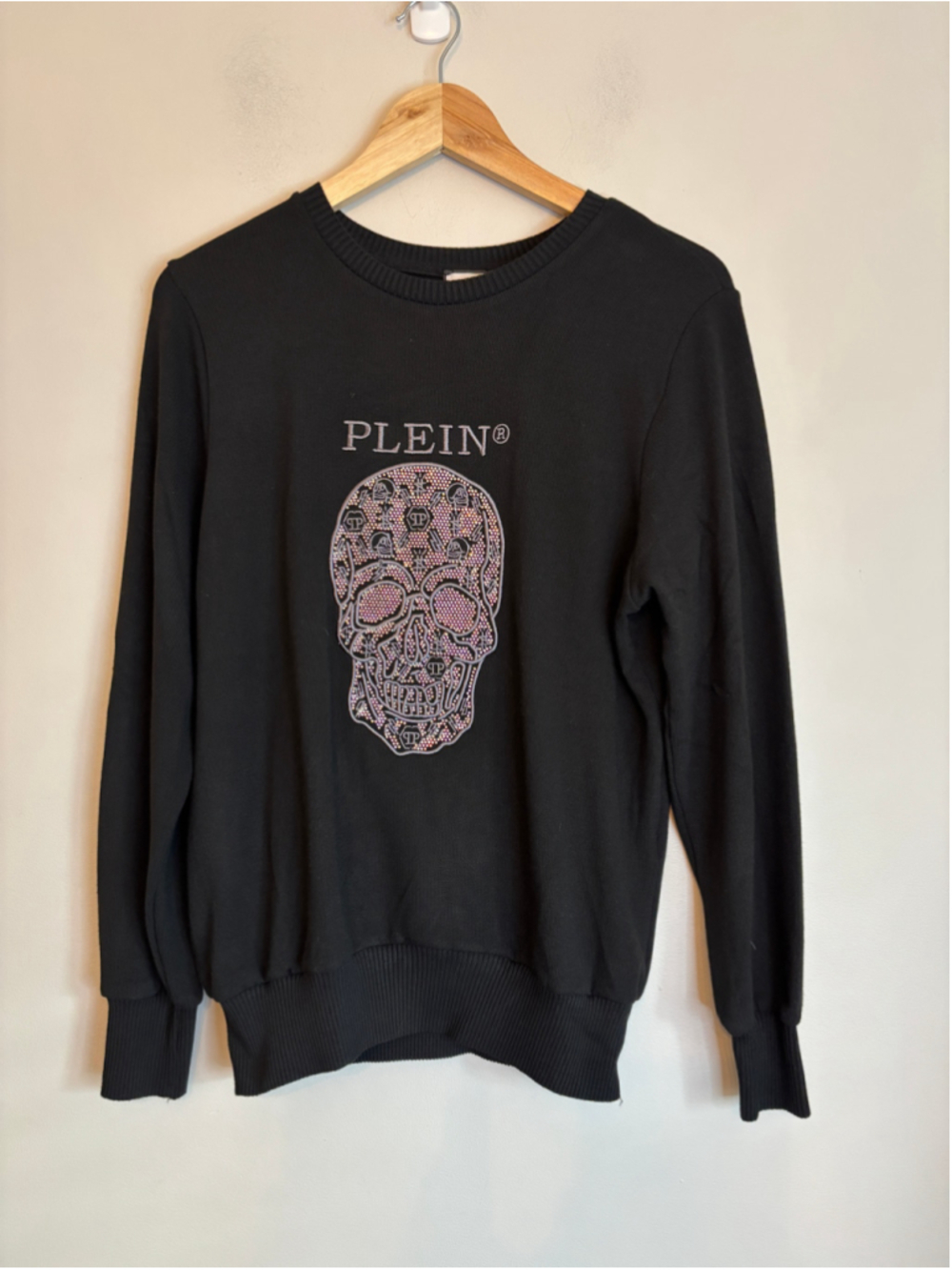 Philipp Plein Black Skull Rhinestone Knit Long Sleeve Sweater Size XL Streetwear
